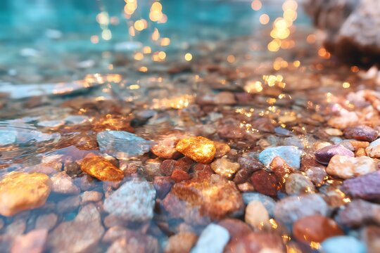 Close-up of colorful pebbles and stones along shoreline with sparkling water reflections and blurred floating background