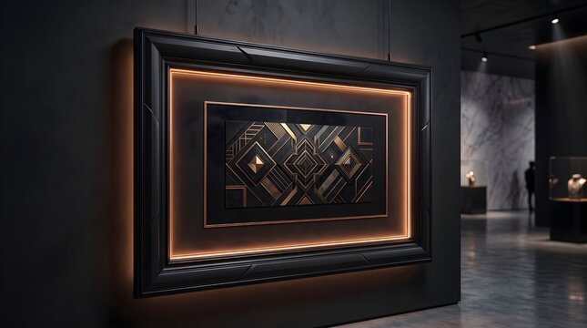 Elegant abstract art piece featuring geometric gold patterns framed in black glowing light displayed within a sophisticated luxury modern gallery interior