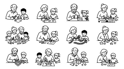 Naklejka premium Grandparents and Grandchildren Crafting Together, Isolated Line Art Vector