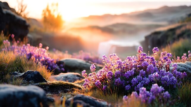 Vibrant purple and pink wildflowers blooming in a sunrise landscape, rolling hills, misty mountains, peaceful rural scenery, nature photography