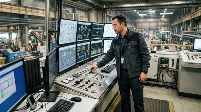 Male engineer operating control panel in industrial manufacturing facility