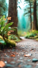 Fototapeta premium Tranquil Forest Pathway with Tall Trees and Green Plant Life on a Clear Day, Nature Scene