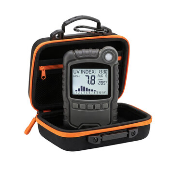 Handheld UV index meter displaying high solar radiation levels. Portable digital sun exposure monitor for outdoor safety and health protection.