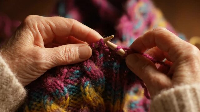 Elderly hands knitting a colorful wool scarf.