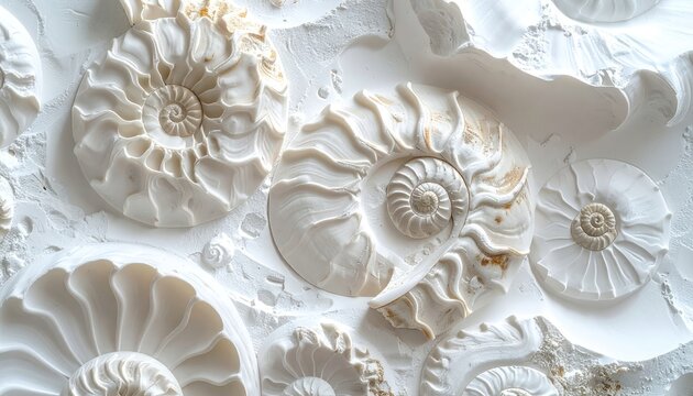 Intricate patterns of ammonite fossils are displayed in a white, textured arrangement.