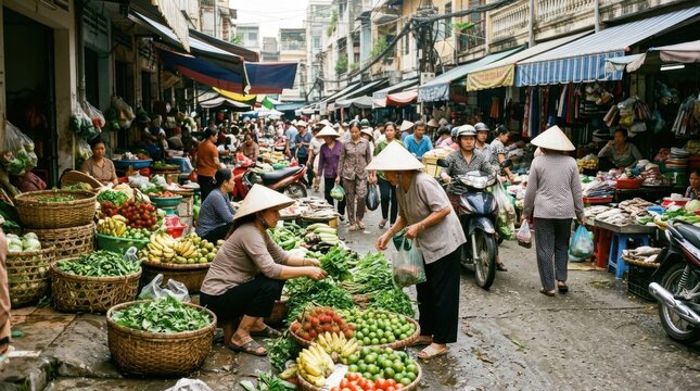 Bustling outdoor market street with vendors selling fresh produce and local goods