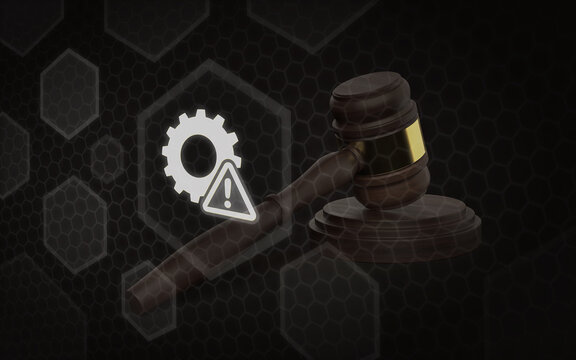 A digital legal warning concept with a judge gavel and a warning symbol inside a glowing tech interface, symbolizing compliance issues, law, and regulatory risk.