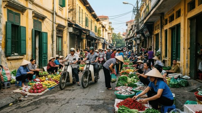 Bustling street market with vendors selling fresh produce in a historic urban area
