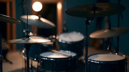 Obraz premium A drum set illuminated by warm lighting in a dimly lit room with focused attention on cymbals and snare drums