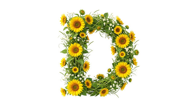 Letter D created from yellow sunflowers and green leaves, isolated on white background