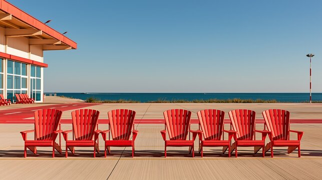 Row of bright red adirondack chairs arranged facing deep blue ocean beside retro coastal terminal building under clear bright blue sky shows classic summer seaside landscape