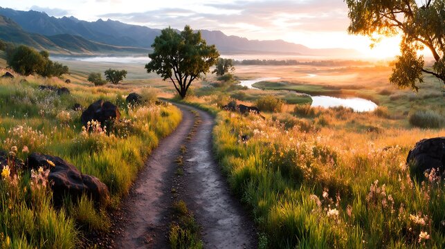 Breathtaking view of a lush green valley with a winding dirt path, vibrant wildflowers, grazing buffalo, and a serene river at sunset in a mountainous landscape