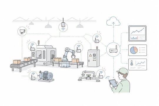 IoTで連携されたスマートファクトリーの設備とタブレットで監視する作業員