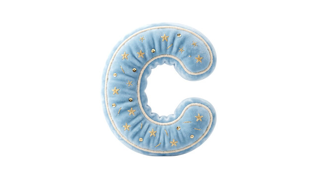 Isolated 3D Render of Plush Light Blue Letter C with Golden Stars and Beads
