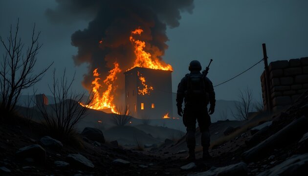 A silhouette of a soldier stands on a barren, rocky terrain, facing a large building engulfed in flames