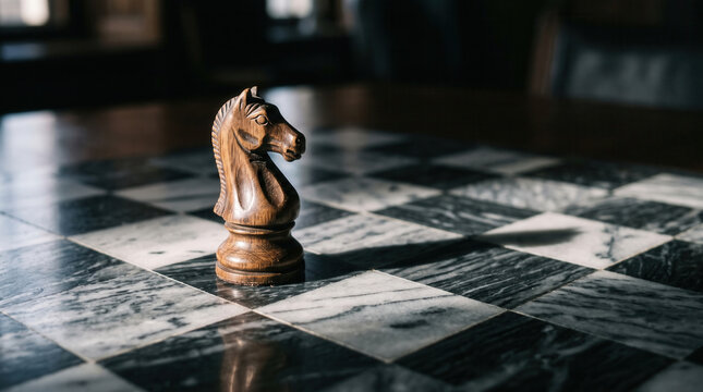 Wooden chess piece board knight marble game strategy closeup on checkered surface, dramatic light, quiet indoor table scene with thoughtful planning mood