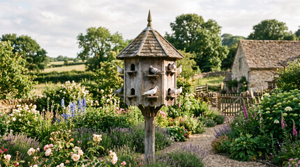 Obraz premium Weathered wooden dovecote garden birdhouse rustic cottage, pigeon perched among flower border, path, stone building, tree, rural landscape