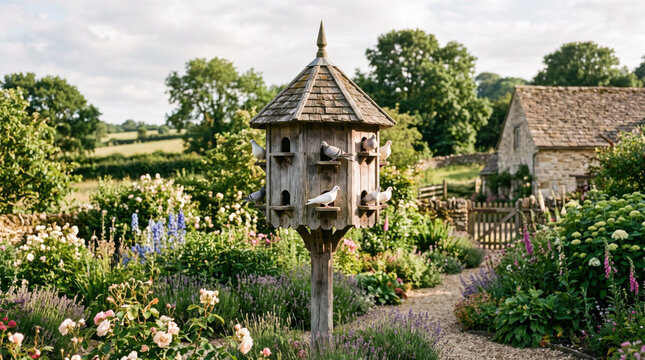 Weathered wooden dovecote garden birdhouse rustic cottage, pigeon perched among flower border, path, stone building, tree, rural landscape