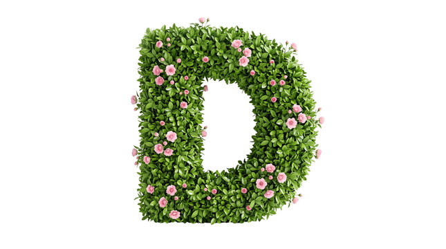 Floral Alphabet Letter D with Green Leaves and Pink Flowers Isolated 3D Render