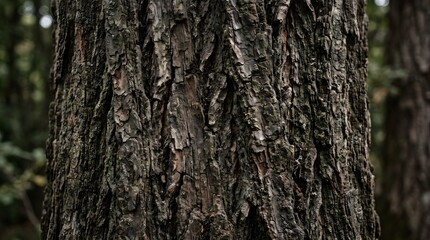 Obraz premium Detailed close up photograph capturing rough brown pine tree bark texture with natural vertical ridges in soft blurred forest setting