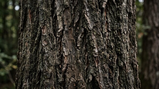 Detailed close up photograph capturing rough brown pine tree bark texture with natural vertical ridges in soft blurred forest setting