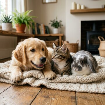 Adorable Golden Retriever puppy with curious cat and bunny on cozy blanket indoors