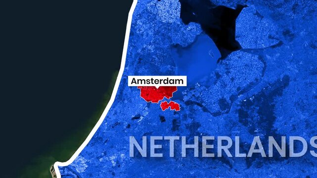 Amsterdam, Netherlands, highlighted on digital map motion clip