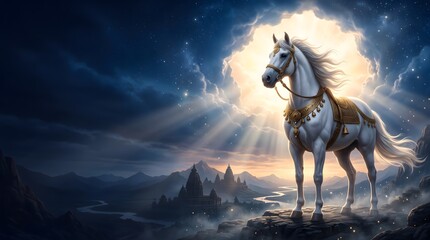 Obraz premium Majestic white horse kalki avatar standing before ancient hindu temple landscape