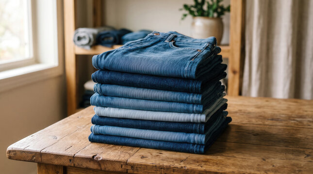 Folded denim fabric table blue jean stack wooden surface clothing textile casual wear in bright room with shelf plant window curtain