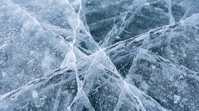 Cracked ice pond frozen water blue texture fracture winter surface detail with white vein pattern trapped bubble cold natural background