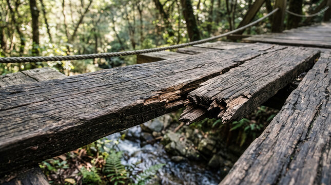 Cracked wooden bridge plank, forest trail, rope rail, weathered timber crossing over creek with broken board, rough texture, natural danger, rustic outdoor path