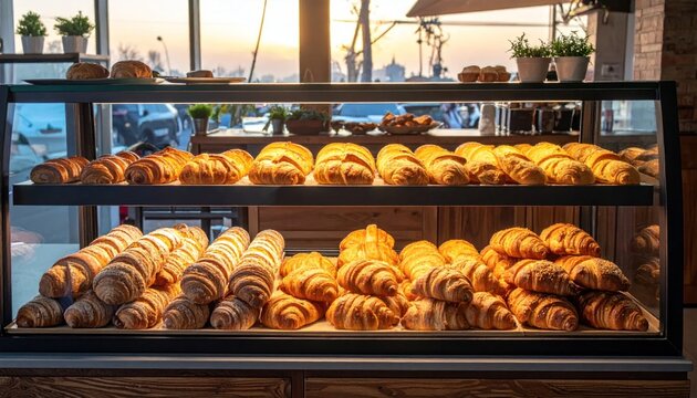 Croissants on display in bakery case.