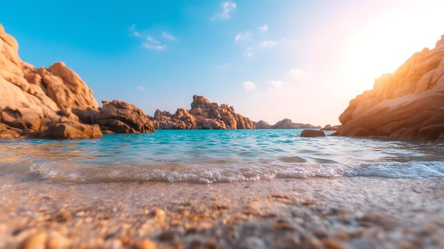 Scenic coastal landscape with rocky formations, turquoise water and sandy beach under bright sunny sky during daytime
