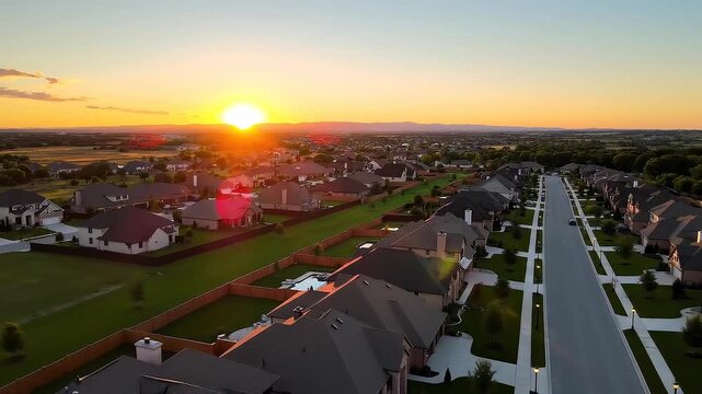 Drone aerial photography of real estate at sunset technology concept. Sunset aerial view of peaceful suburban neighborhood with modern houses and long street