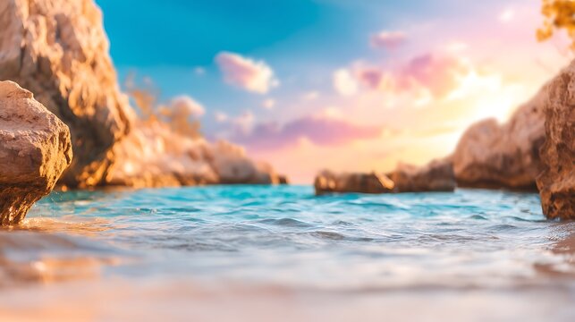 Tranquil seascape with rocky cliffs and colorful sunrise over calm ocean waters