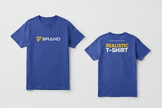 T-shirt mockup front back view, blue apparel design template, branding logo placement, customizable clothing realistic illustration design
