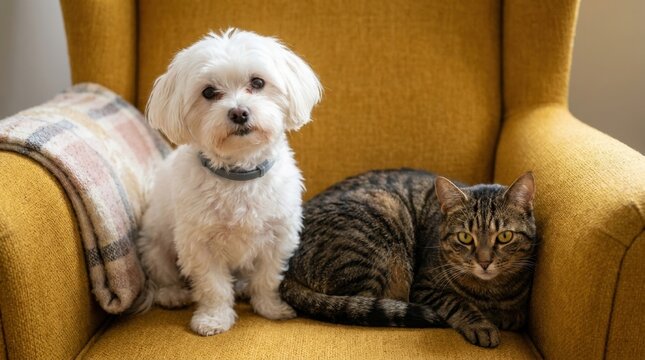 Cute small white dog and tabby cat sitting together on a yellow armchair.
