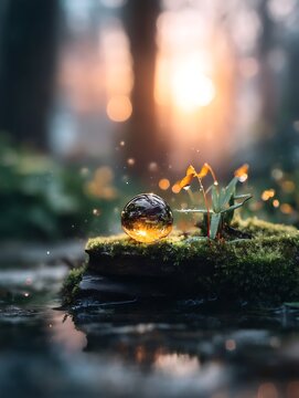 Close-up of a water droplet resting on moss with sunlight shining through the trees in a forest at sunrise