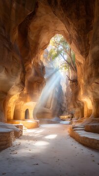Majestic high canyon walls with sunlight streaming through trees and ancient rock formations, creating a mystical atmosphere
