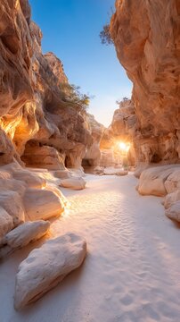 Stunning Desert Canyon Scene with Sunlight Glowing Through Tall Rusty Rock Formations and Smooth Sand Path at Sunset