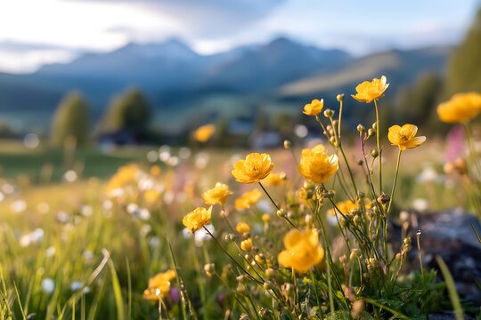 Vibrant wildflowers blooming in meadow with distant mountain range under cloudy sky during daytime
