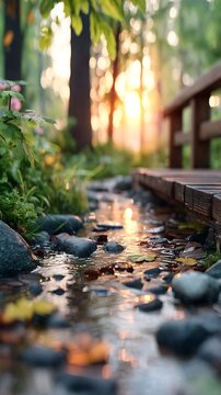 Tranquil Forest Stream with Sunset Light, Wooden Bridge, and Nature Pathway in a Scenic Nature Park