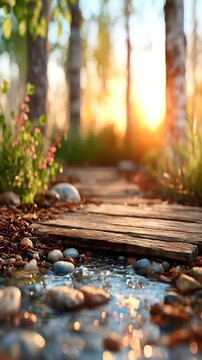 Serene forest pathway with wooden planks, flowing stream, blooming flowers at sunset, nature trail, peaceful outdoor scene, sunlight filtering through trees