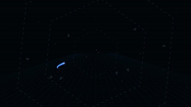 Abstract Digital Comet Trail Streaking Across Dark Sci-Fi Hex Grid