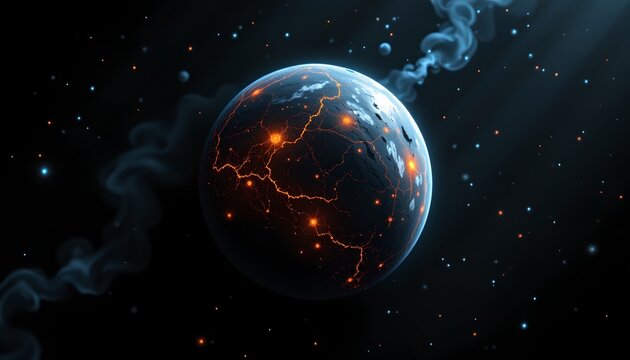 The image depicts a planet illuminated by glowing network like lines across its surface, suggesting interconnected activity or communication