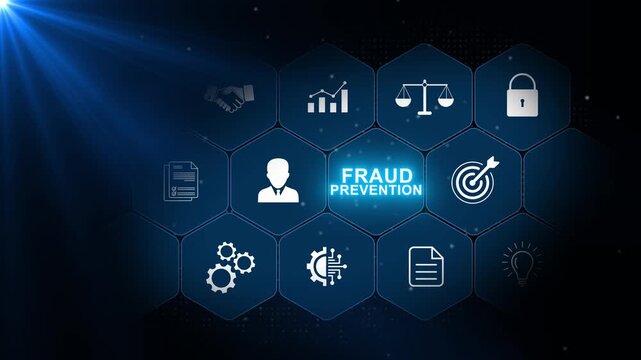 Fraud Prevention concept with financial security, risk control and corporate management icons in a connected hexagonal interface on a dark blue background