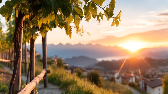 Beautiful scenic view of vineyards with sunset sky, mountains and rural landscape in warm golden light
