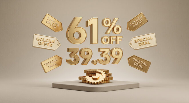 Golden 3D text displaying sixty-one percent off discount on a beige background.