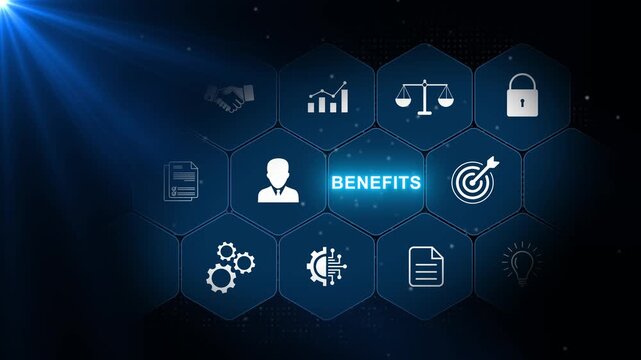 Employee Benefits concept with workforce management and corporate planning icons in a connected hexagonal interface on a dark blue technology background