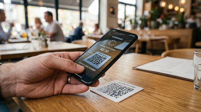 Customer scans QR code on smartphone to pay bill at restaurant table